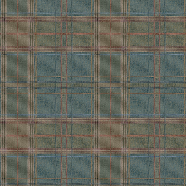 Muted teal plaid wallpaper with olive, taupe and red intersecting lines