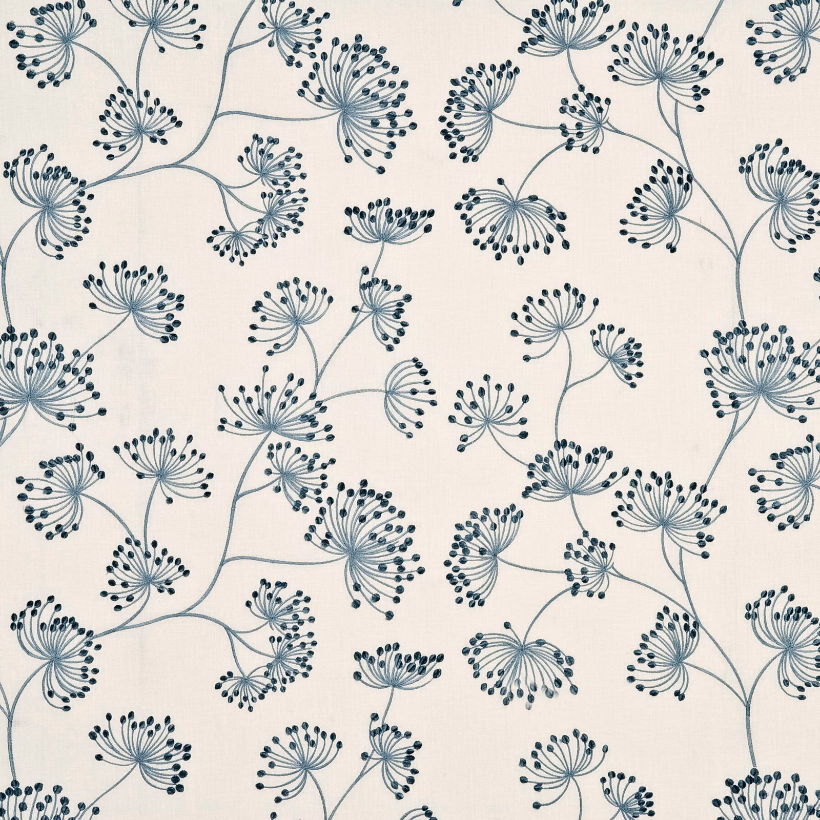 Soft blue-grey branching seedhead motifs scattered across a warm cream linen-textured ground