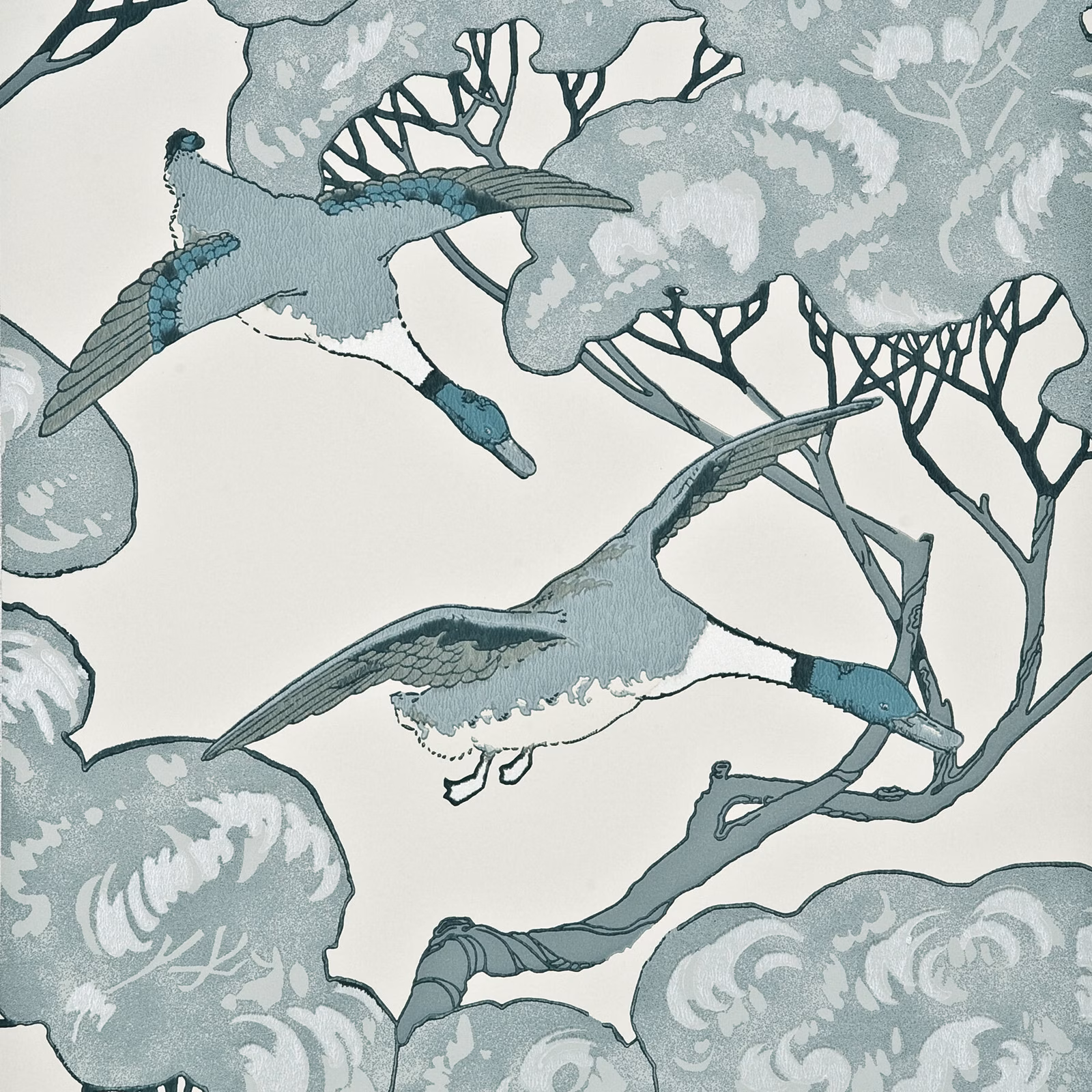 Aqua-grey flying ducks and flowering branches on an ivory wallpaper ground
