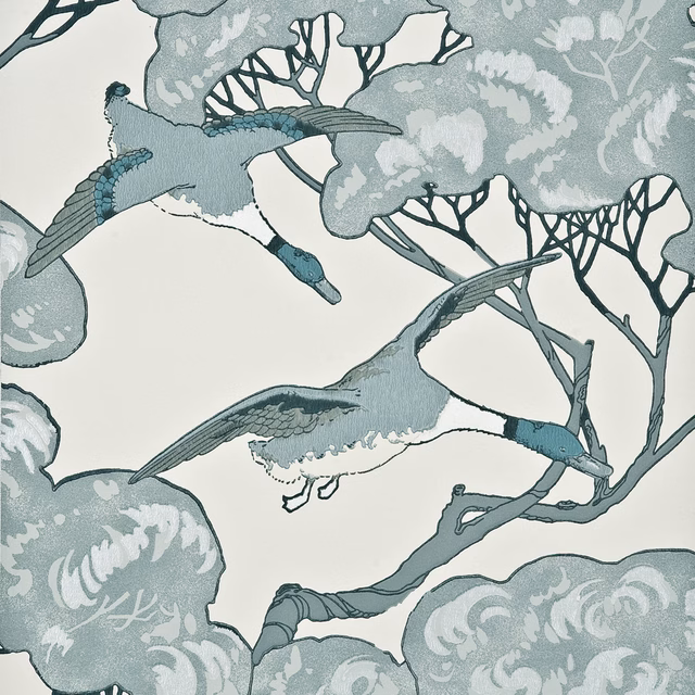 Aqua-grey flying ducks and flowering branches on an ivory wallpaper ground