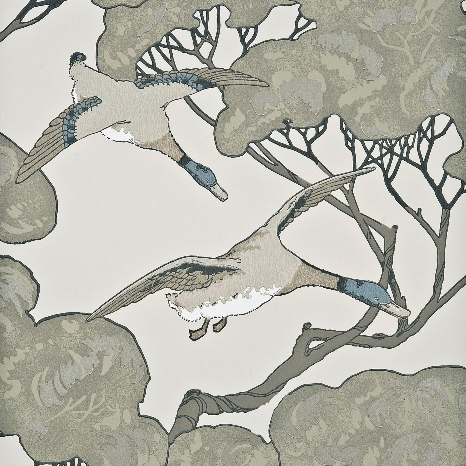 Silver-taupe wallpaper showing flying ducks among outlined branching trees and muted foliage