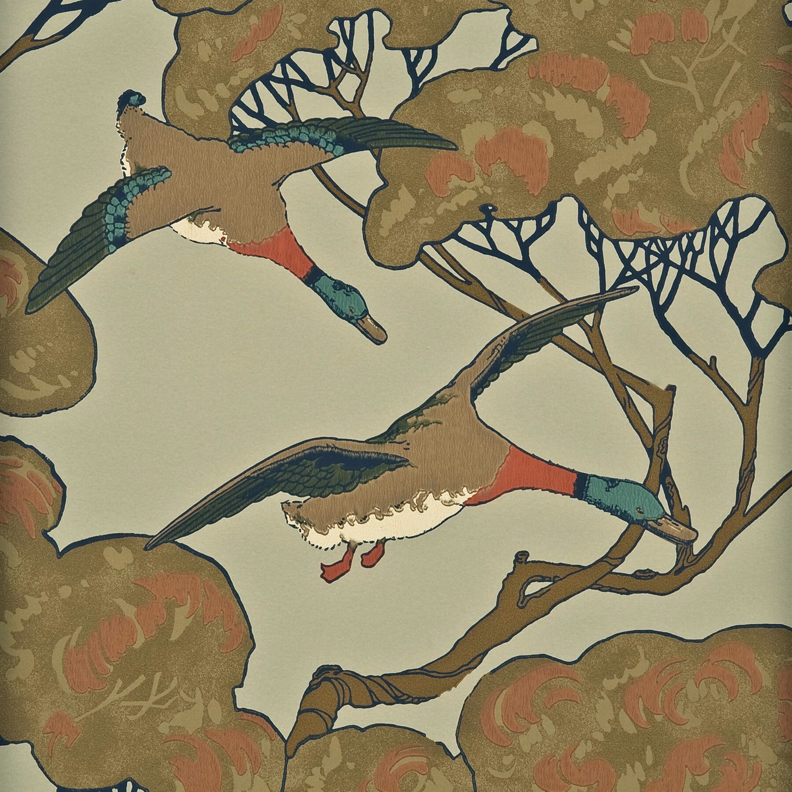 Moss trees and russet, teal flying ducks on a pale sky ground