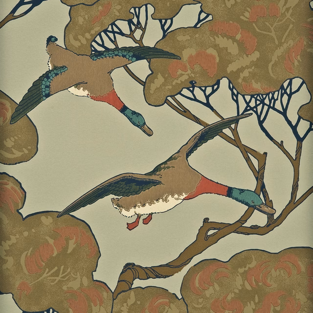 Moss trees and russet, teal flying ducks on a pale sky ground