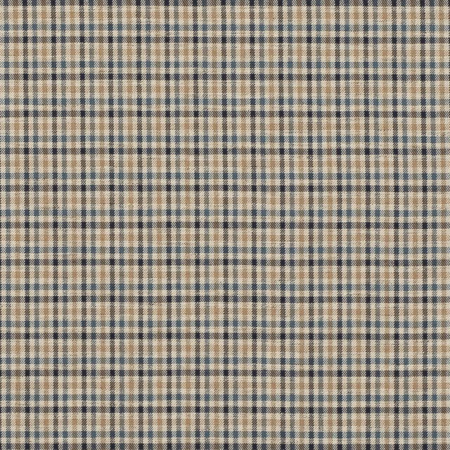 Close view of a small indigo, beige and cream woven check fabric