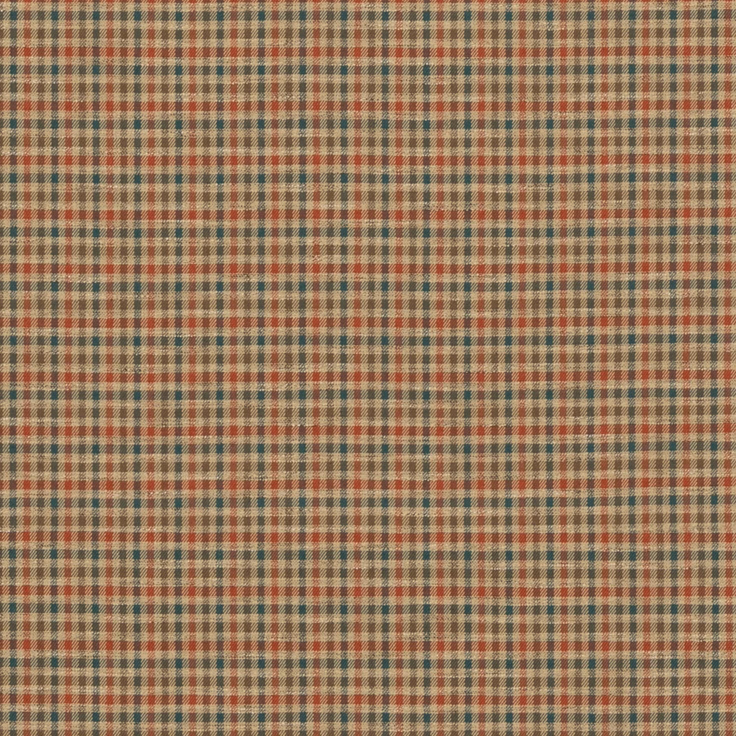Muted teal and spice woven check with fine cream and rust grid texture