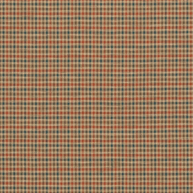 Muted teal and spice woven check with fine cream and rust grid texture