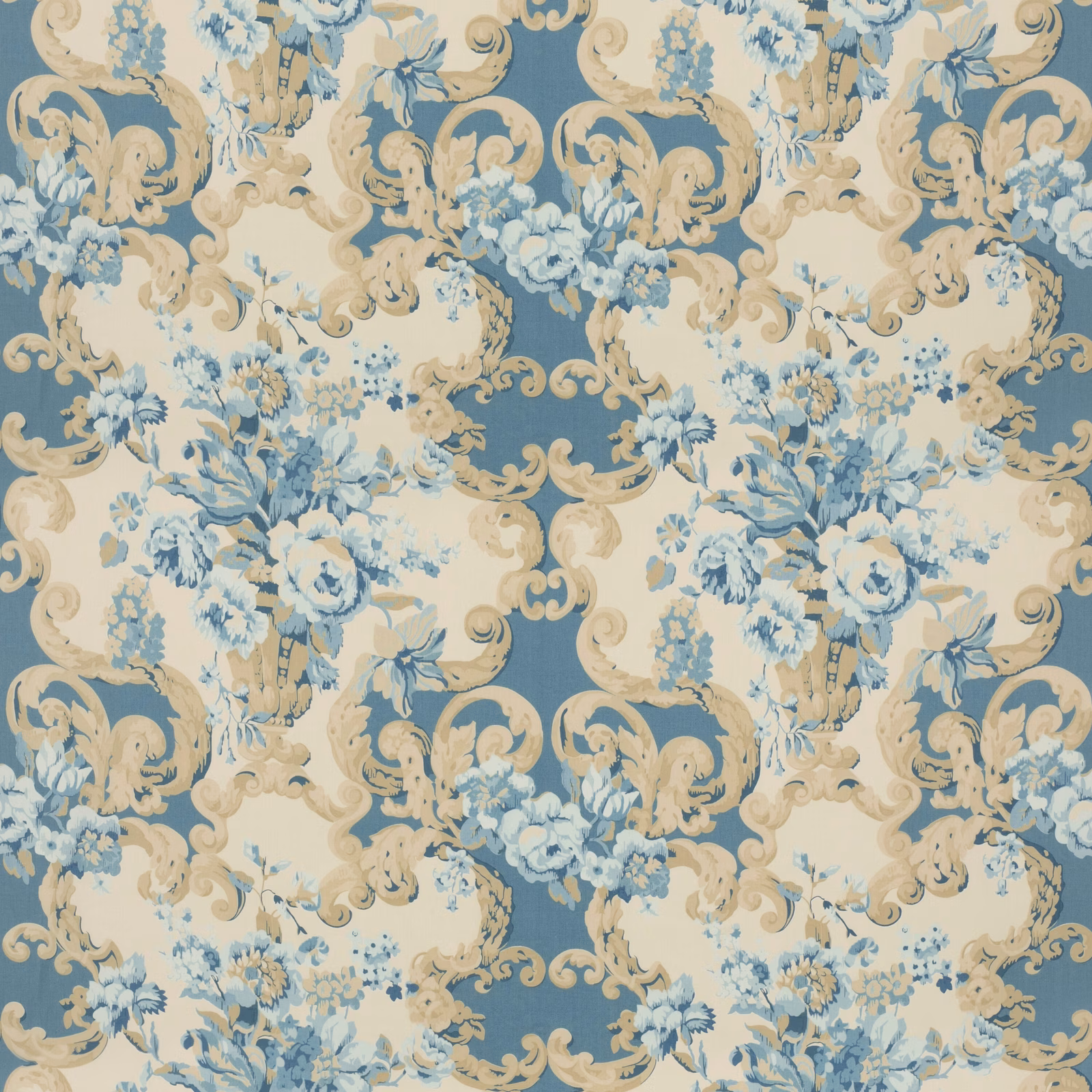 Dusty blue cotton with cream Rococo scrolls and pale blue floral bouquets