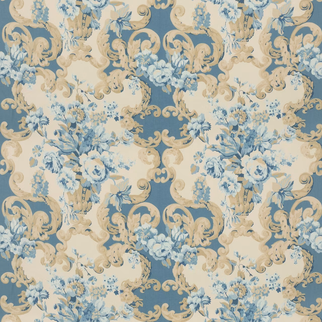Dusty blue cotton with cream Rococo scrolls and pale blue floral bouquets