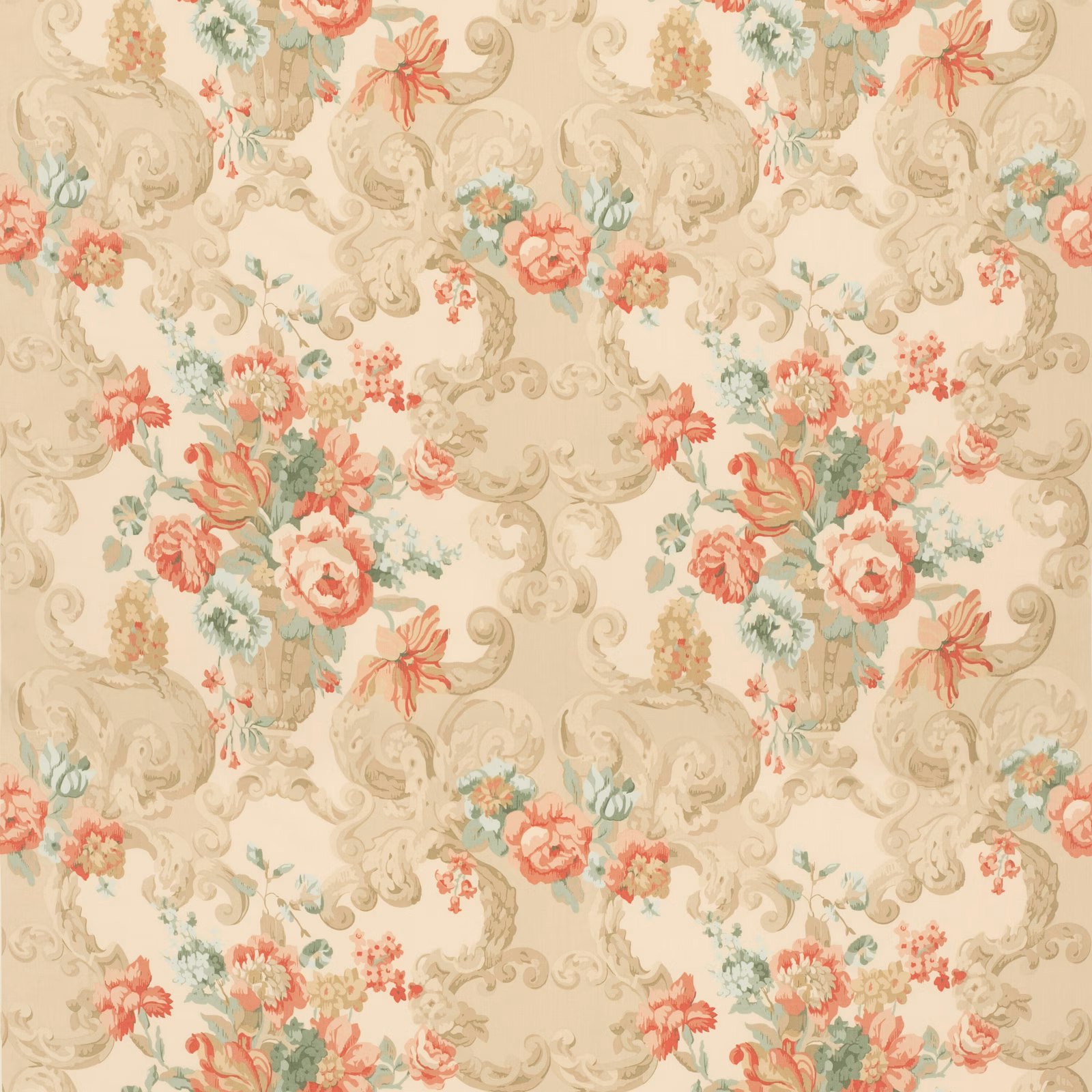 Cream cotton with coral bouquets, lovat foliage and taupe rococo scrolls