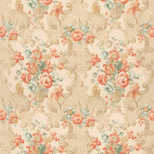 Cream cotton with coral bouquets, lovat foliage and taupe rococo scrolls