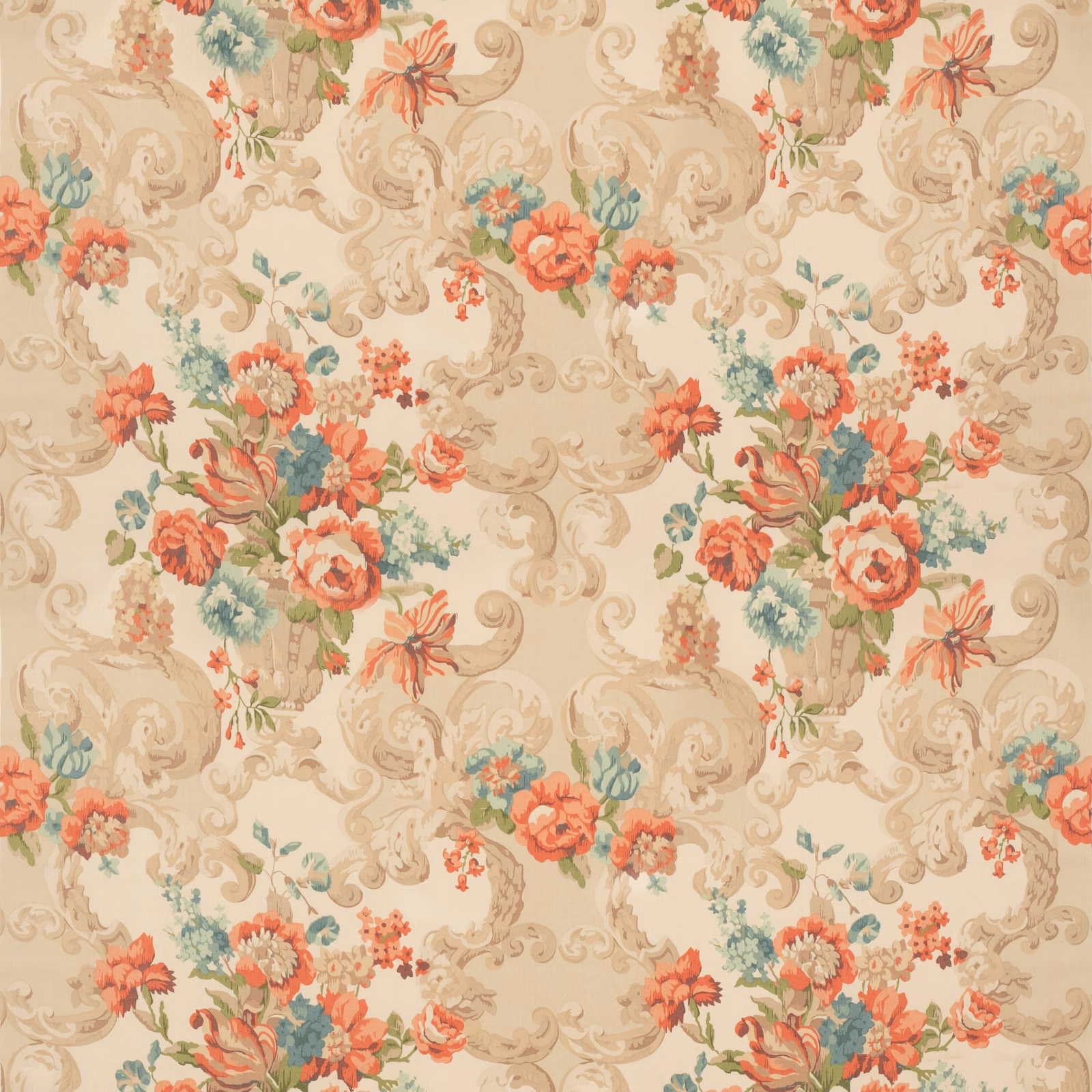 Cream cotton with coral-red bouquets, muted green leaves and ornate taupe Rococo scrolls