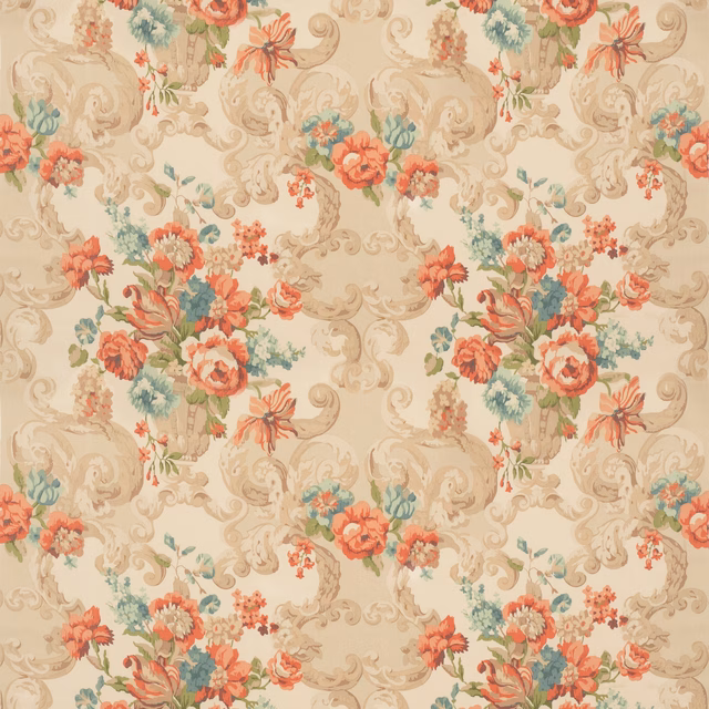 Cream cotton with coral-red bouquets, muted green leaves and ornate taupe Rococo scrolls