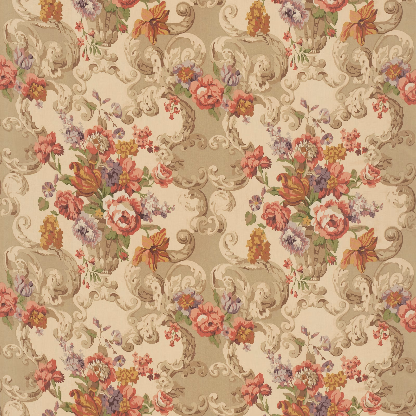 Cream cotton with red and plum Rococo bouquets, taupe scrolls and layered floral detail