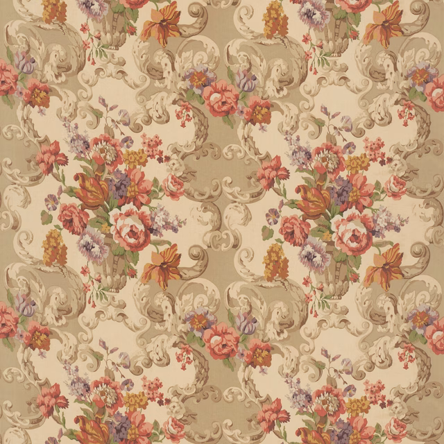 Cream cotton with red and plum Rococo bouquets, taupe scrolls and layered floral detail