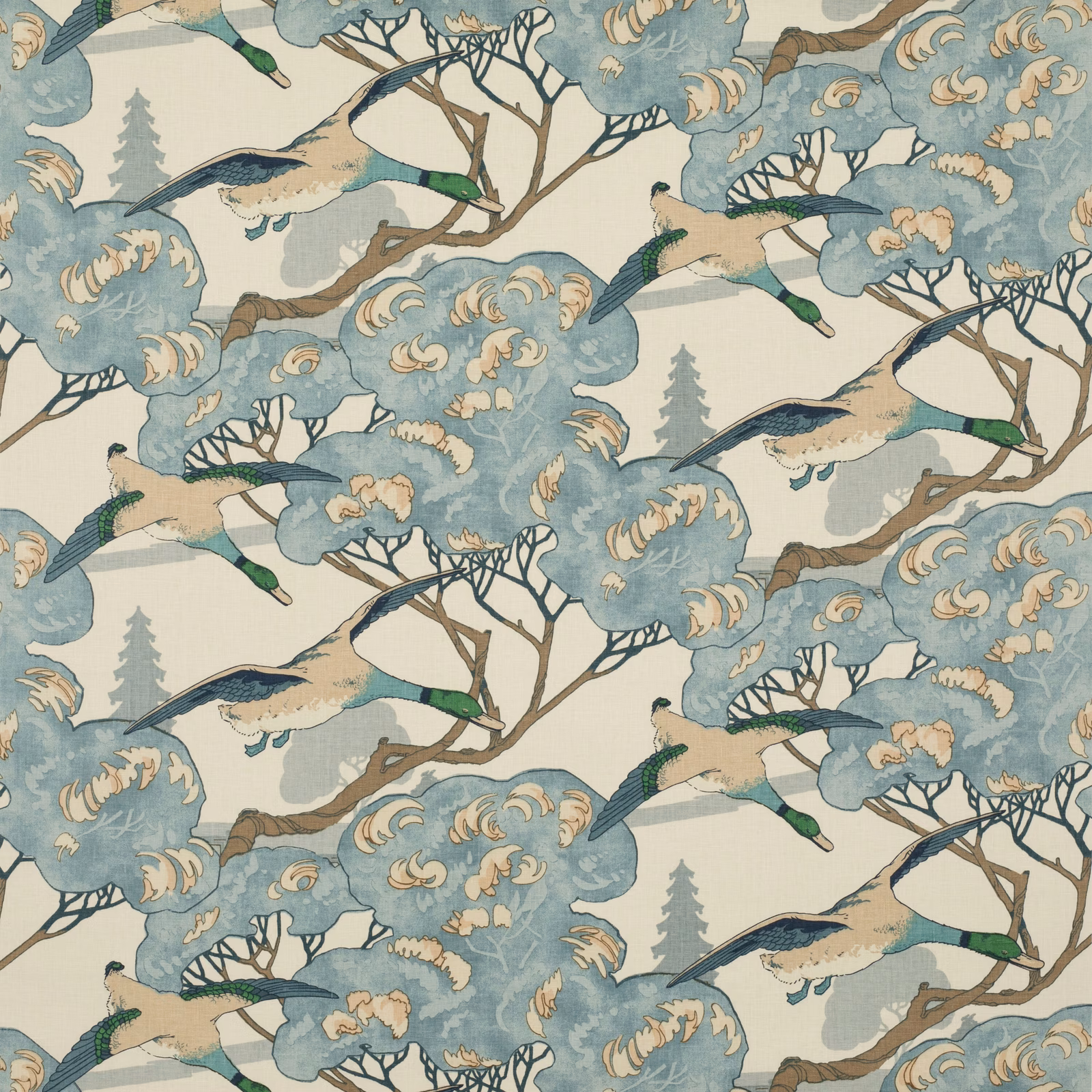 Muted blue linen with cream flying ducks, taupe branches and leafy tree motifs