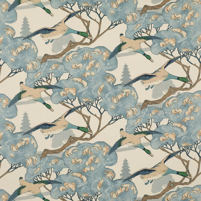 Muted blue linen with cream flying ducks, taupe branches and leafy tree motifs
