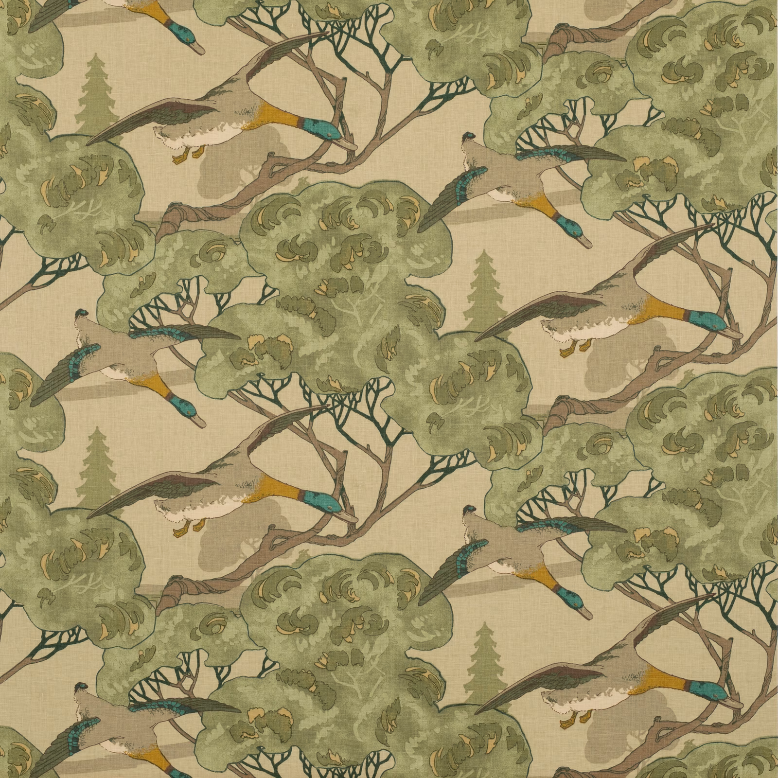 Muted olive linen with flying birds, branching trees and turquoise accents