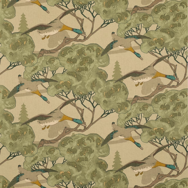 Muted olive linen with flying birds, branching trees and turquoise accents
