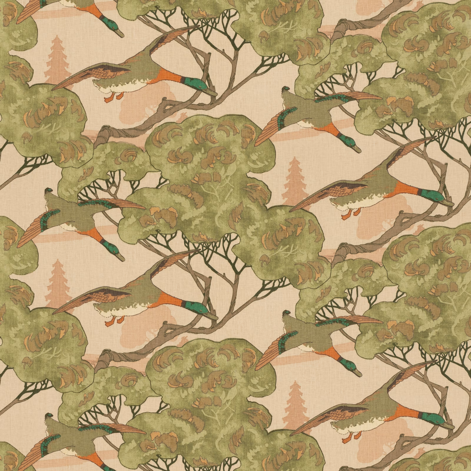 Plaster pink-beige linen showing flying ducks through olive-green trees with rust and teal accents