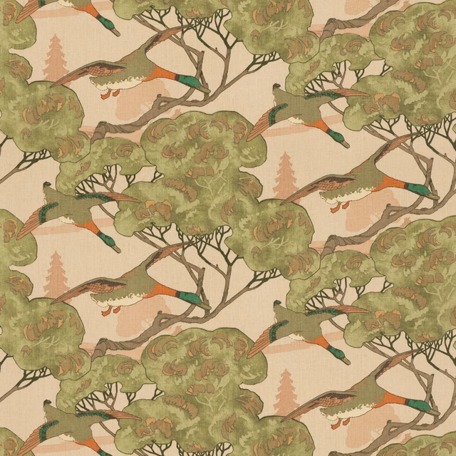 Plaster pink-beige linen showing flying ducks through olive-green trees with rust and teal accents