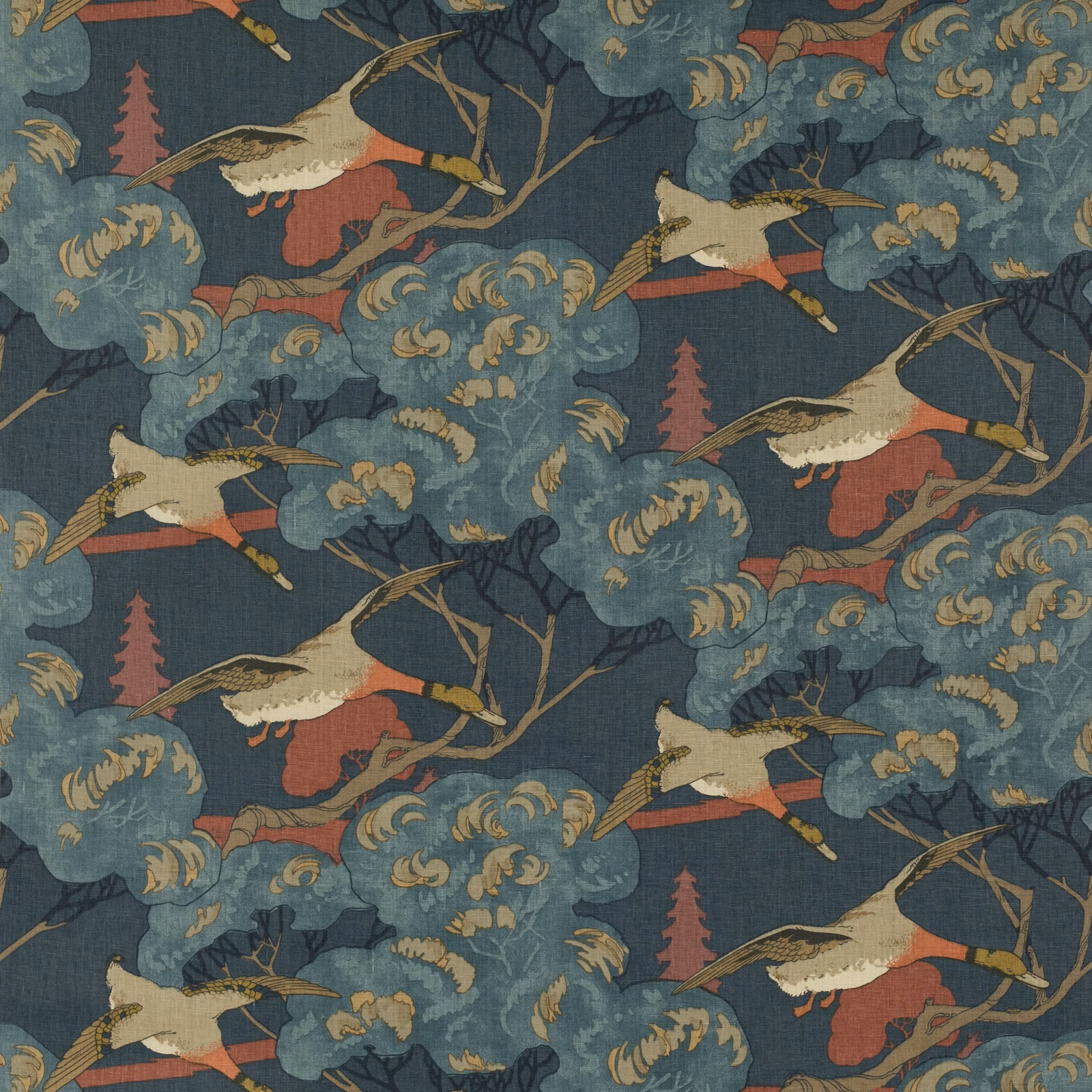 Cool blue linen with red-winged ducks, cream bodies and curling foliage