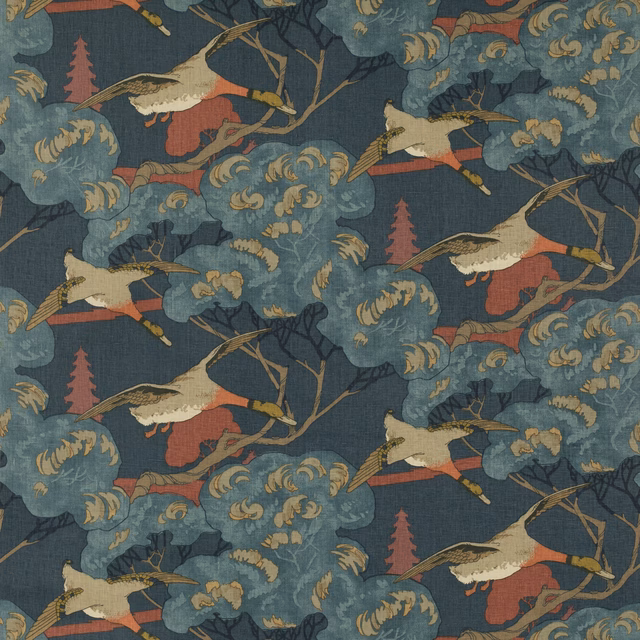 Cool blue linen with red-winged ducks, cream bodies and curling foliage