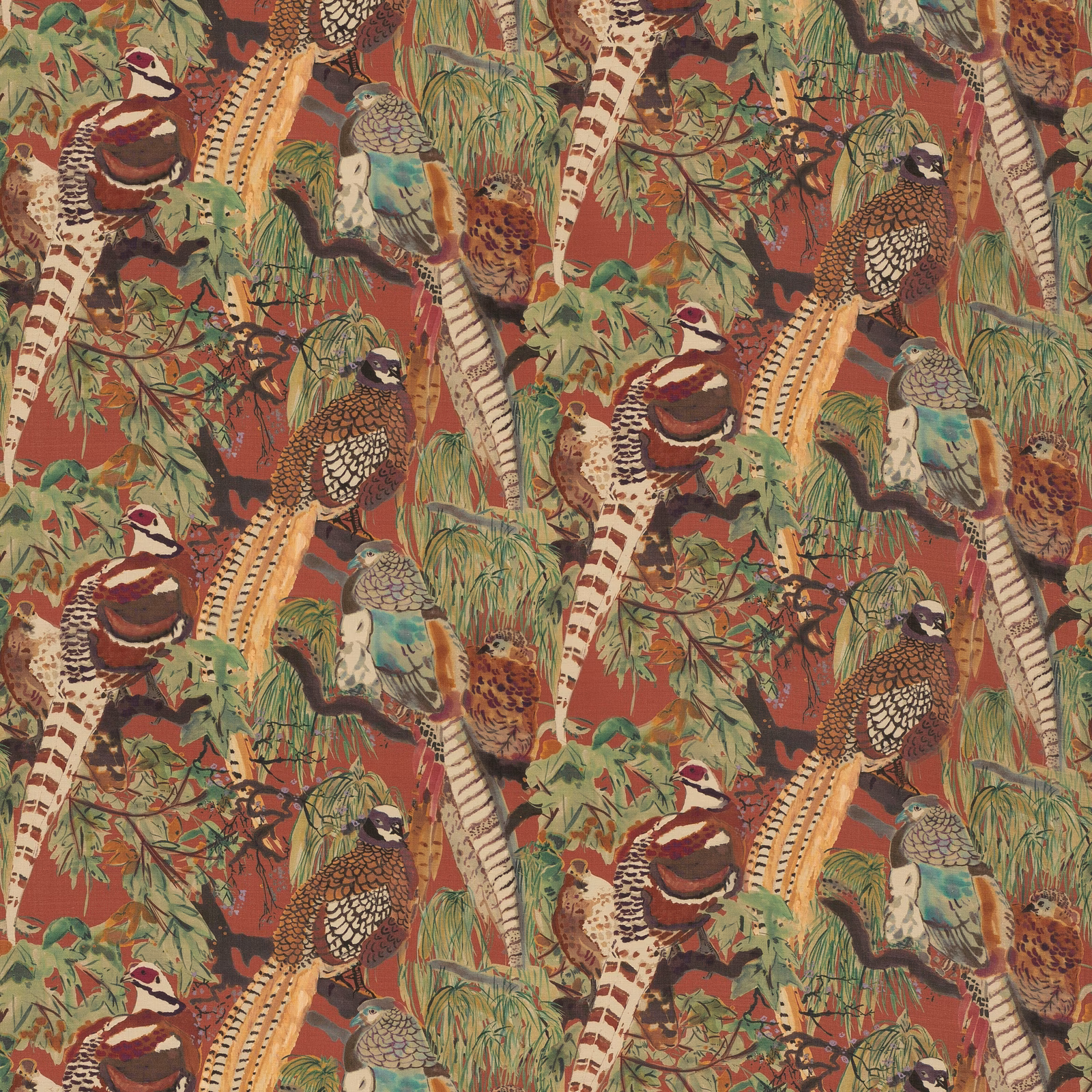 Muted red and plum linen with pheasants, game birds, grasses and leafy branches
