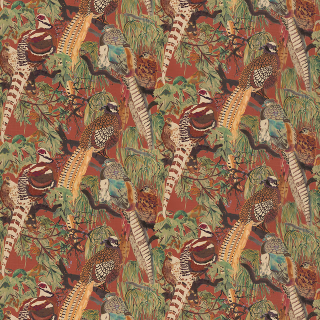 Muted red and plum linen with pheasants, game birds, grasses and leafy branches
