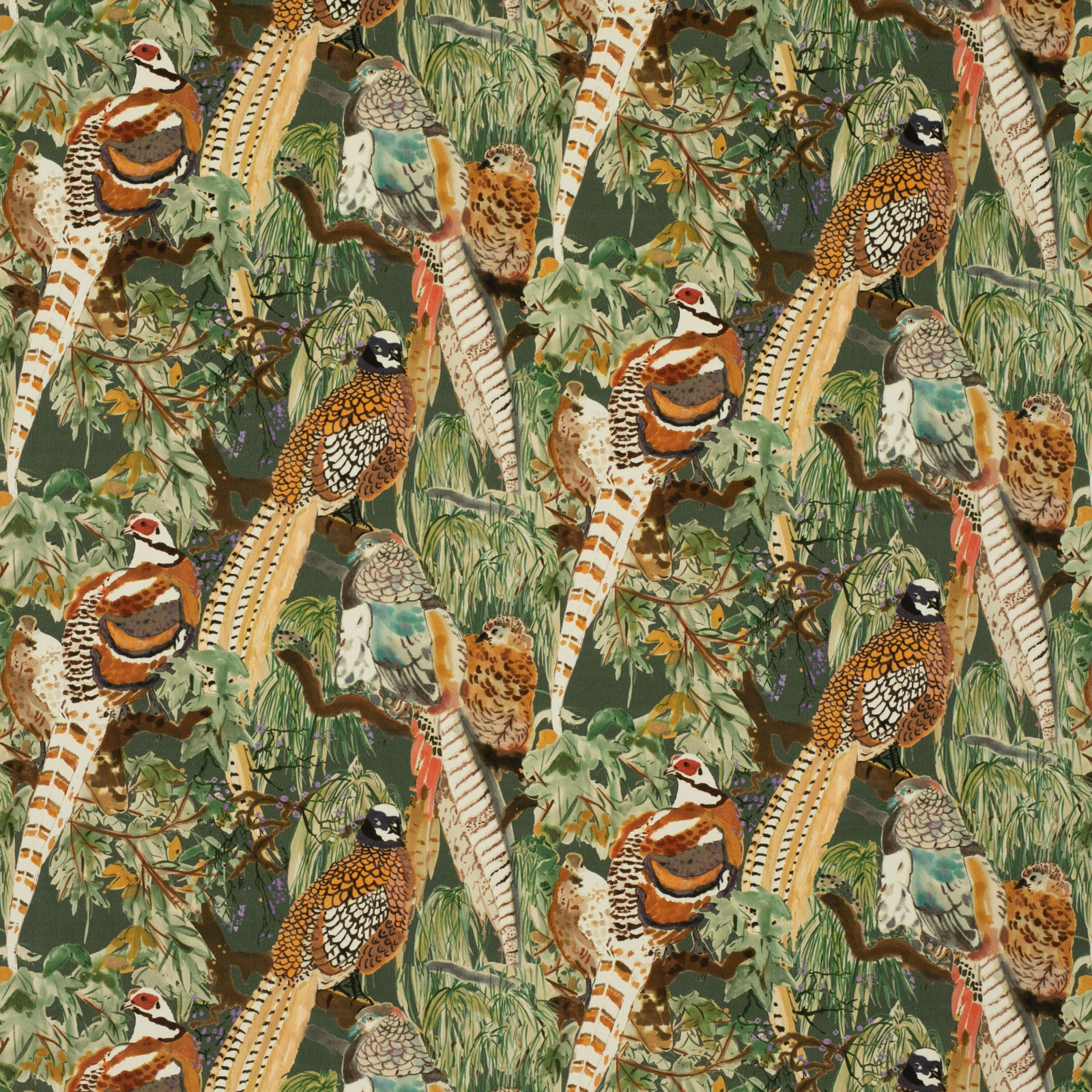 Forest green velvet with pheasants, foliage, cream feathers and rust accents