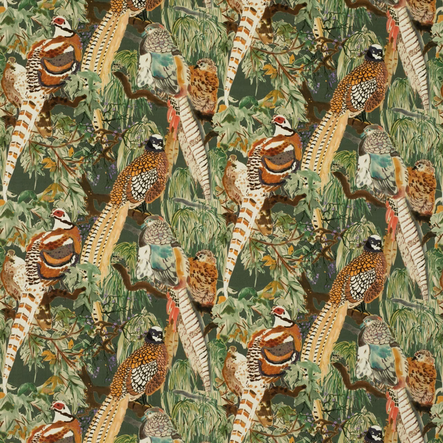 Forest green velvet with pheasants, foliage, cream feathers and rust accents