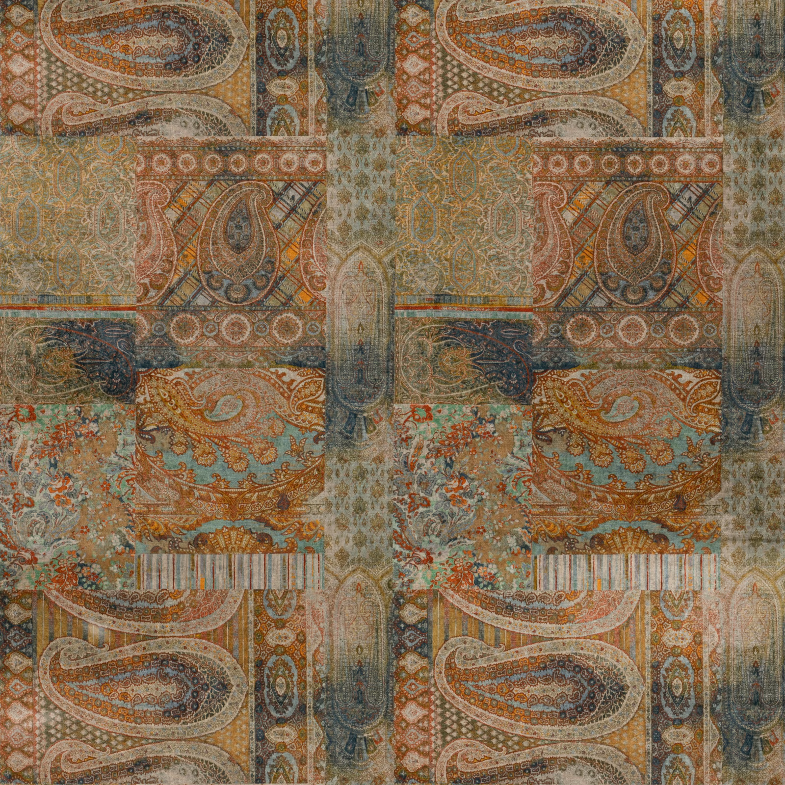 Antique velvet with rust paisleys, teal panels, olive ground and ornate repeating motifs