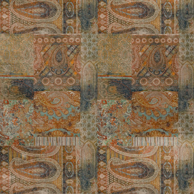 Antique velvet with rust paisleys, teal panels, olive ground and ornate repeating motifs