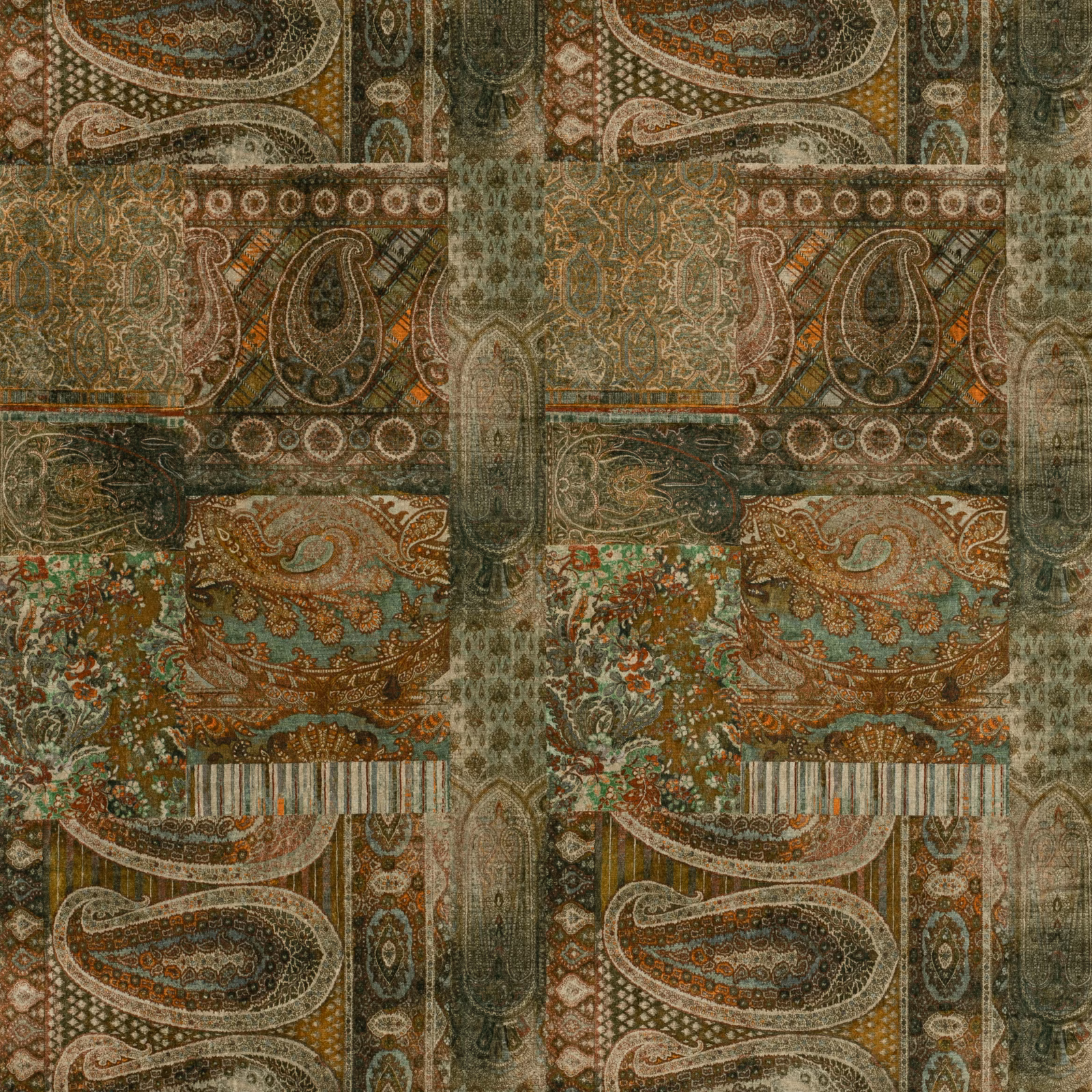 Emerald velvet with large paisleys, ornate bands and rust, cream and teal details