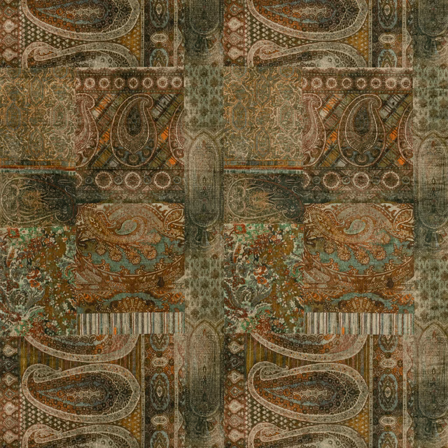 Emerald velvet with large paisleys, ornate bands and rust, cream and teal details
