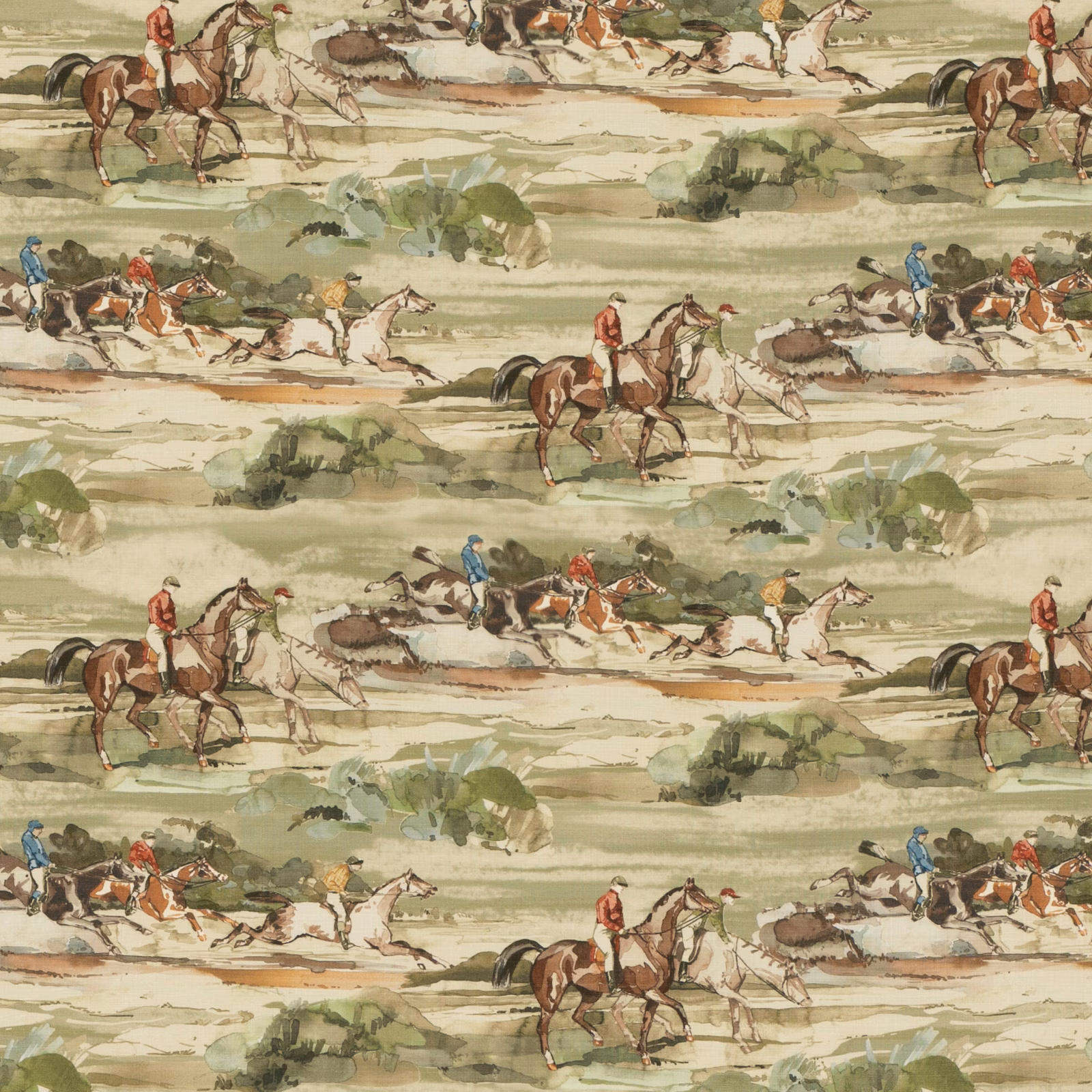 Antique sage linen with painterly horse riders, hounds and muted russet landscape bands