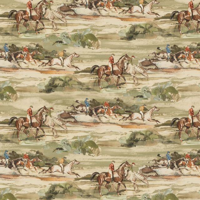 Antique sage linen with painterly horse riders, hounds and muted russet landscape bands