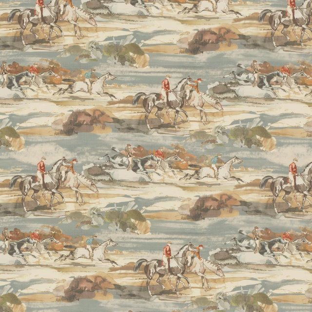 Muted blue and sand linen with repeating painterly horse-and-rider scenes