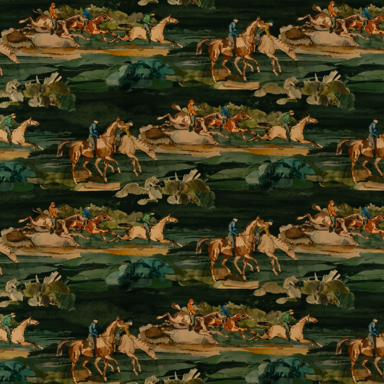 Deep teal velvet with repeating mounted riders, hounds, foliage and ochre landscape bands