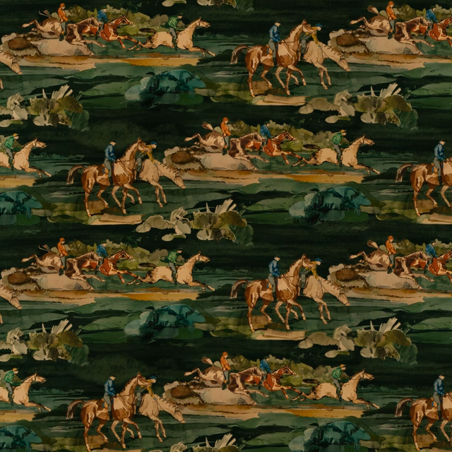 Deep teal velvet with repeating mounted riders, hounds, foliage and ochre landscape bands