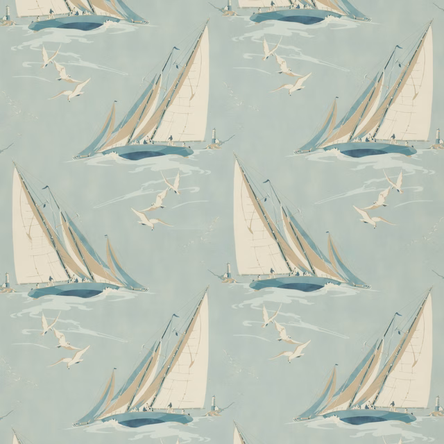 Seafoam blue cotton with cream-sailed boats, teal hulls, white gulls and painterly waves.
