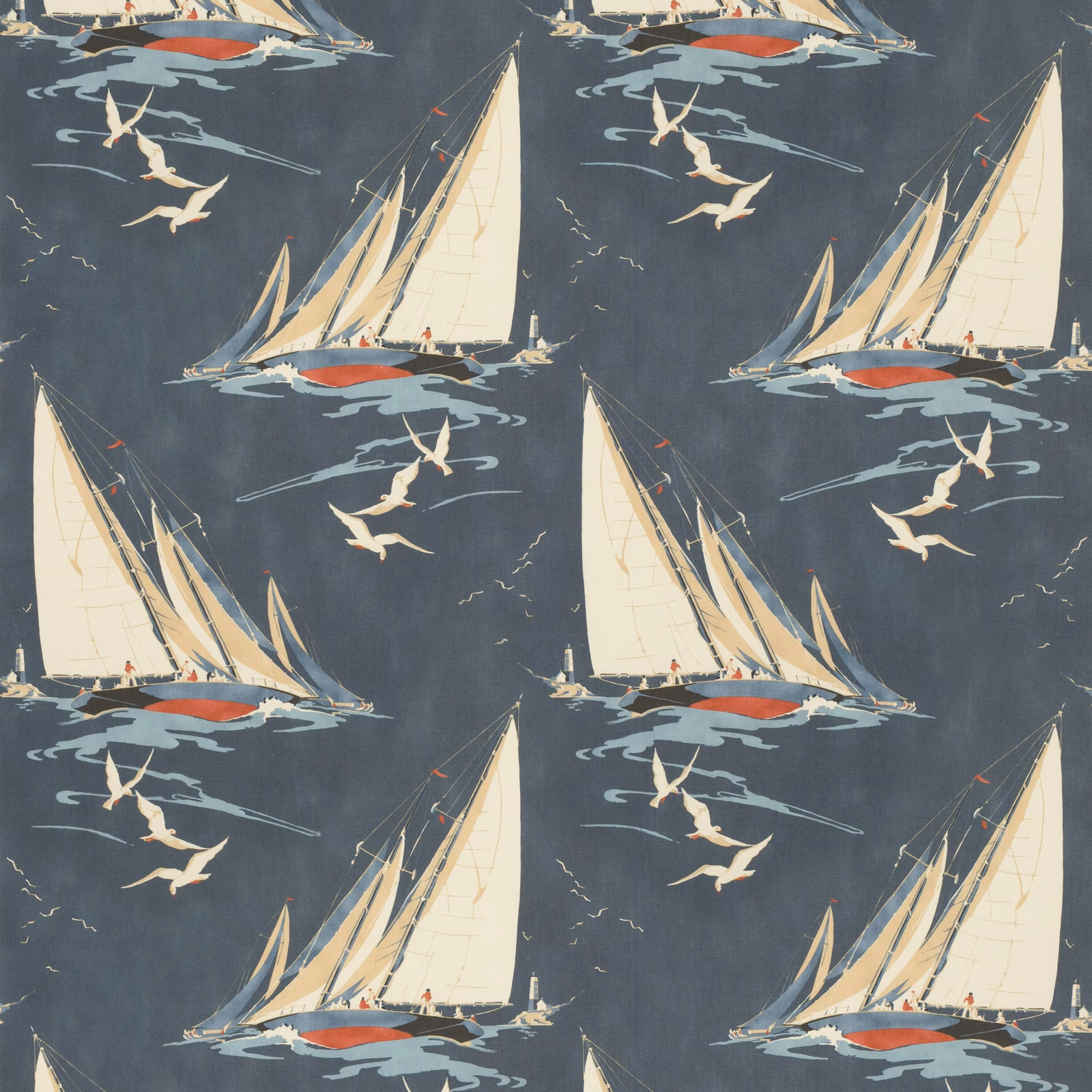 Deep indigo fabric with cream sailing yachts, gulls, pale waves and red hull accents