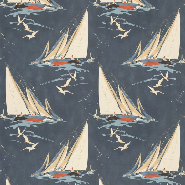 Deep indigo fabric with cream sailing yachts, gulls, pale waves and red hull accents