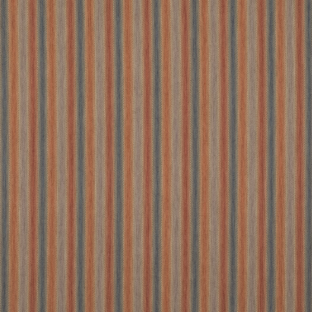 Muted red and blue-grey vertical stripe fabric with fine ribbed woven texture