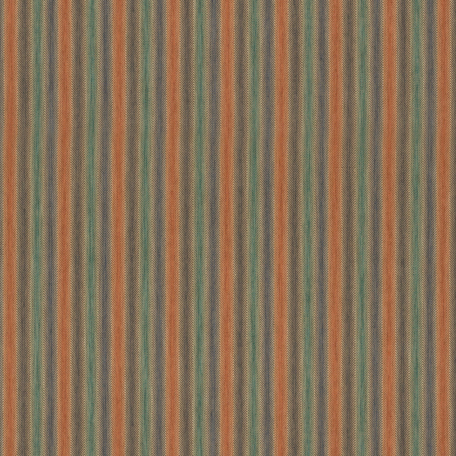 Close-up of muted teal, spice-red and sandy vertical woven stripes with fine texture