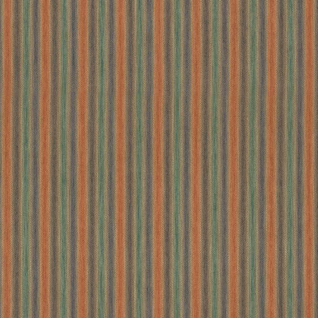 Close-up of muted teal, spice-red and sandy vertical woven stripes with fine texture