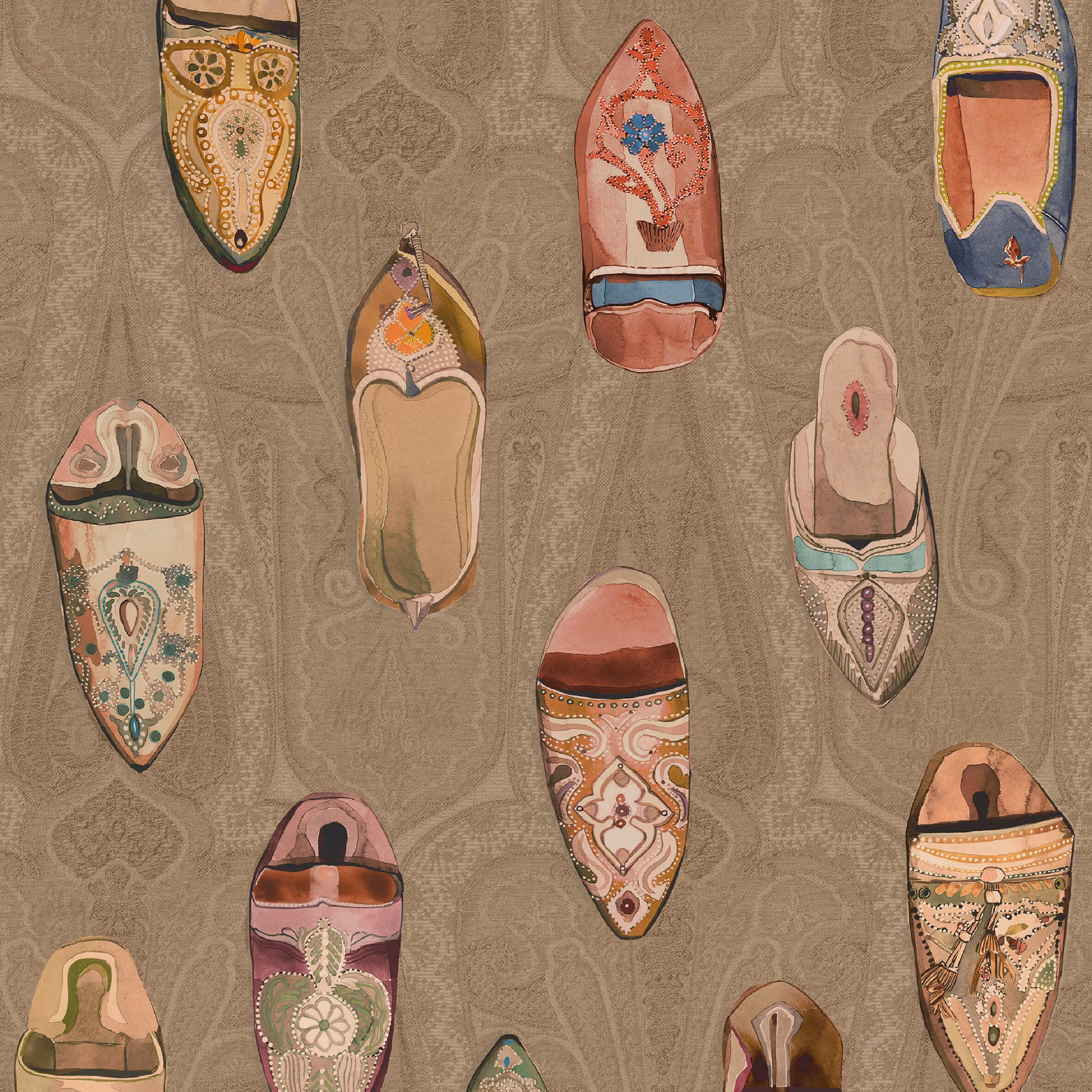 Antique taupe wallpaper with colourful babouches over a subtle scrolling damask ground