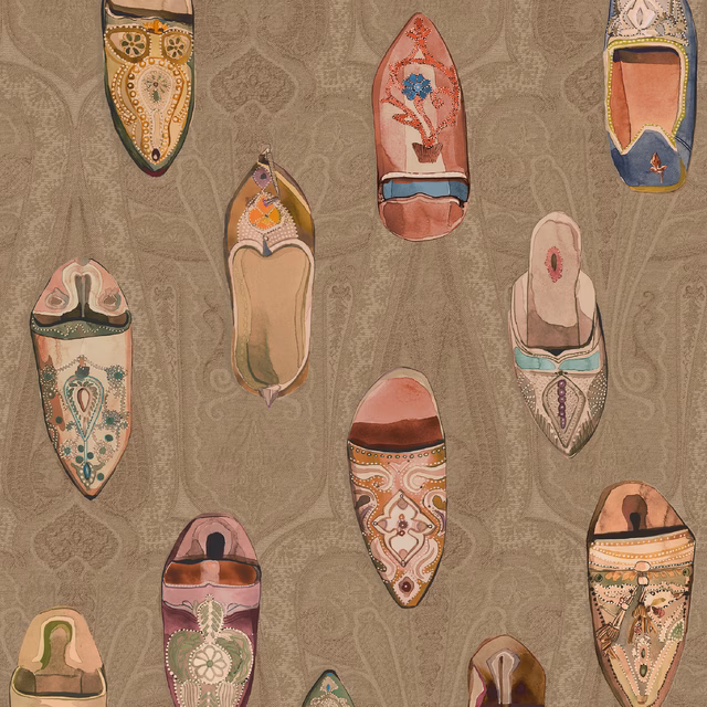 Antique taupe wallpaper with colourful babouches over a subtle scrolling damask ground