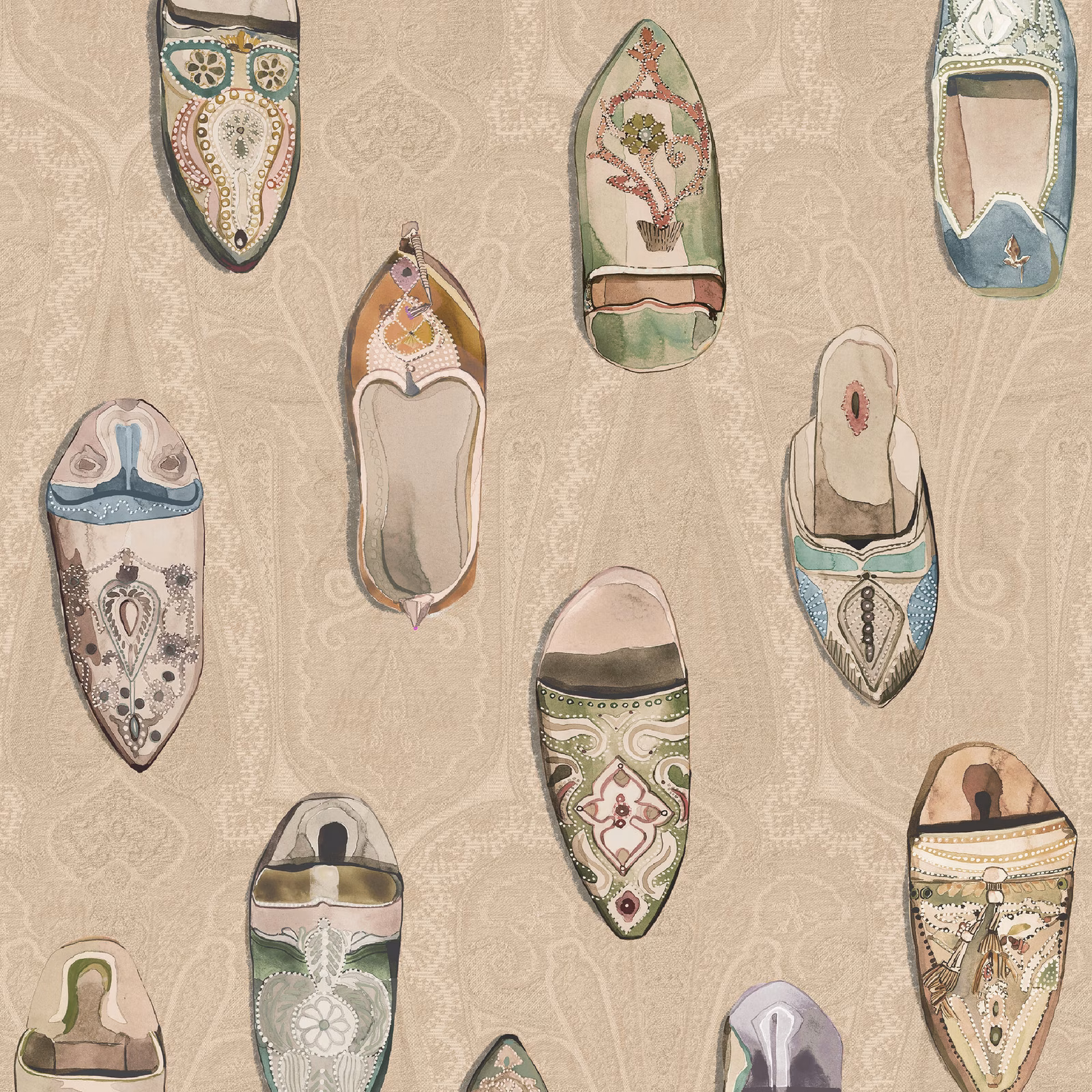 Warm ivory wallpaper with illustrated multicoloured babouche slippers and faint ornamental scrolls
