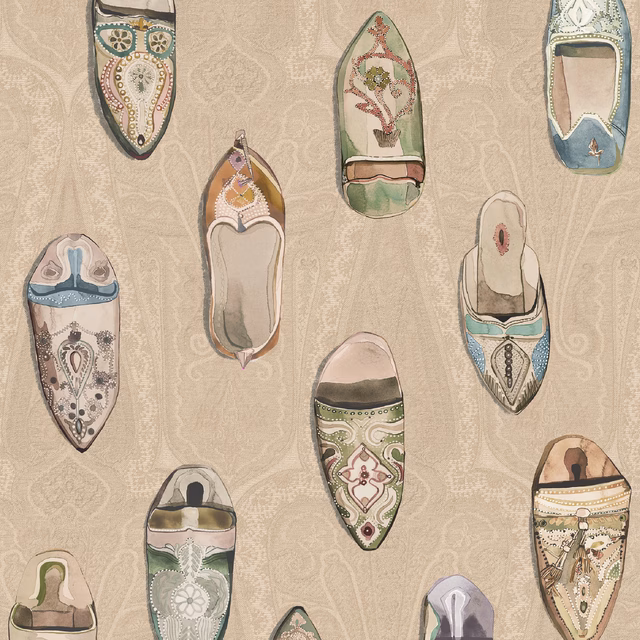 Warm ivory wallpaper with illustrated multicoloured babouche slippers and faint ornamental scrolls