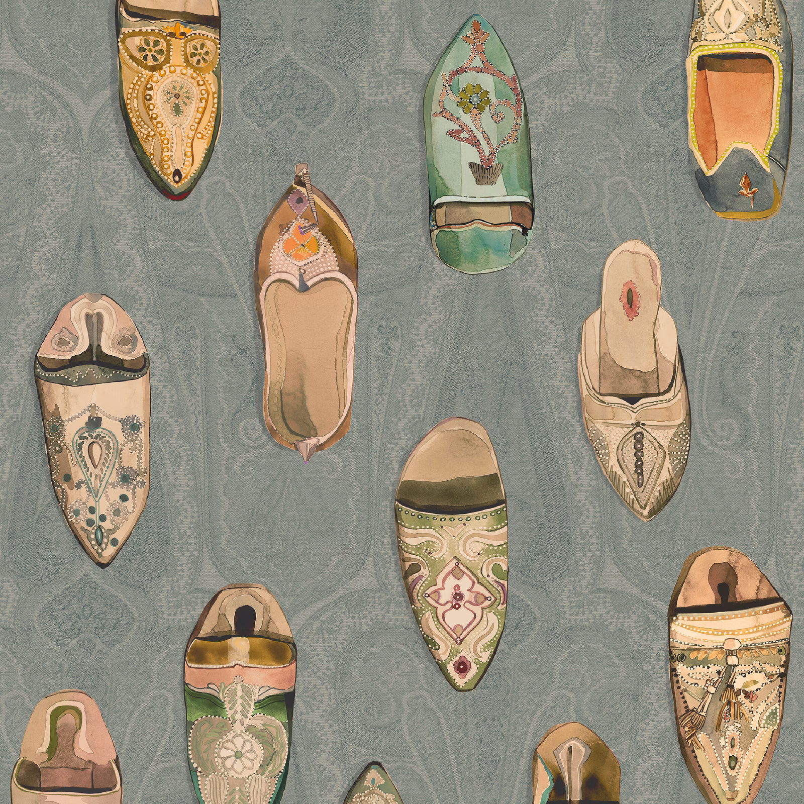 Muted blue-teal wallpaper with ornate illustrated babouche slippers and tonal scrolling motifs